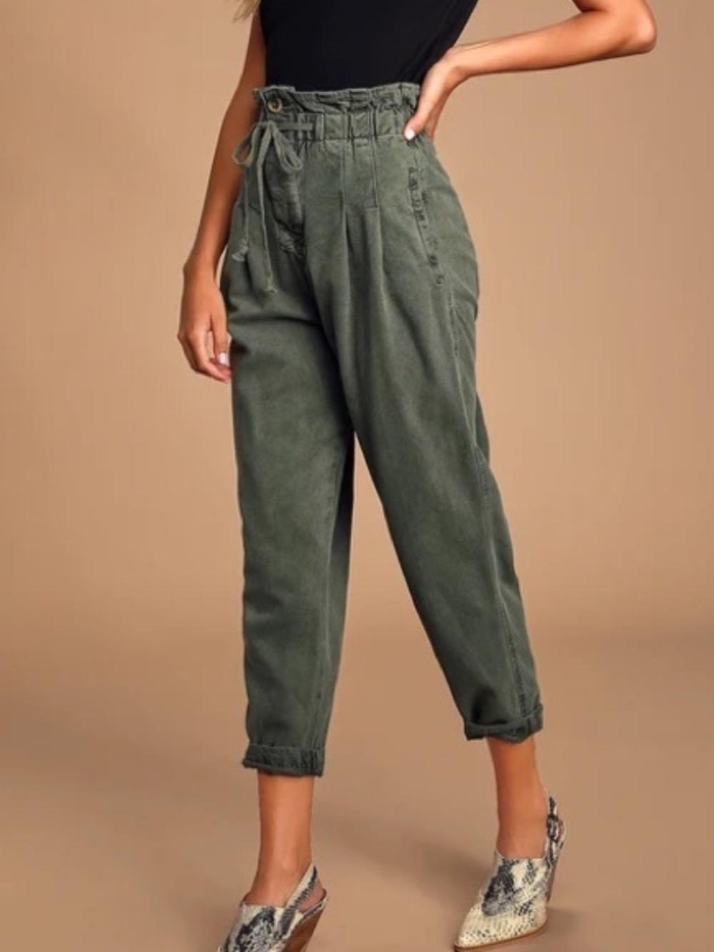 Free People Margate Olive Green Paperbag Waist Pleated Trouser Pants